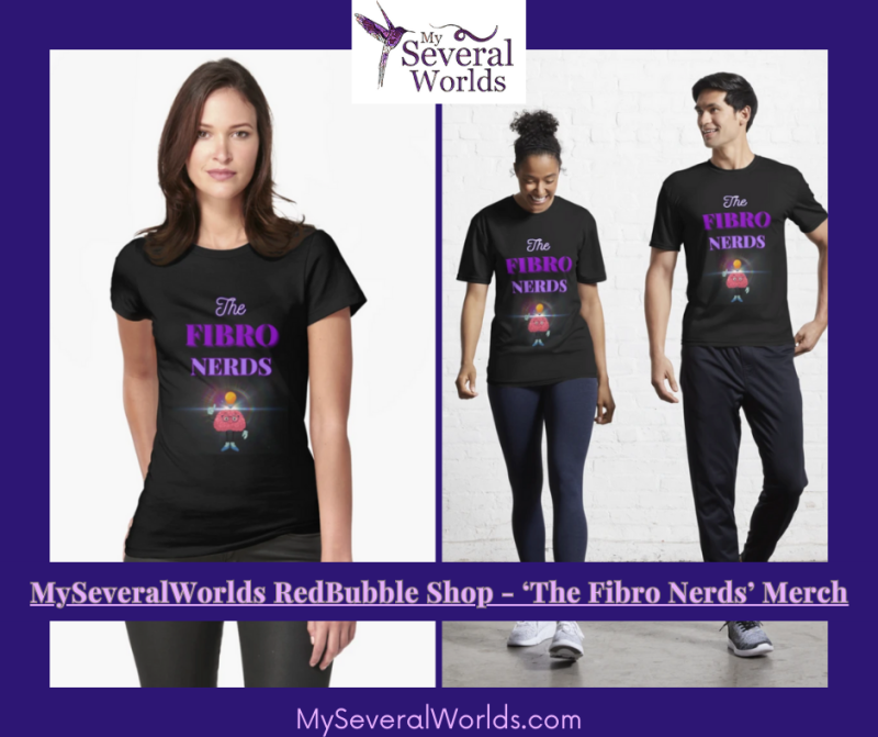 Models are wearing black t-shirts with The Fibro Nerds on it. A cute illustration of a happy brain pointing to a lightbulb is on the front of the shirt.